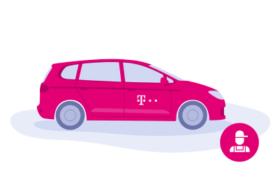 Illustration eines magentafarbenen Autos mit Telekom-Logo