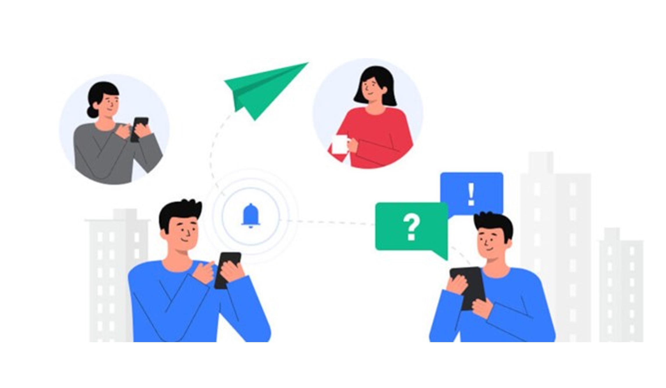 Urbanes Leben Beratung: Illustration vernetzter Personen mit mobilen Geräten – Symbole für digitale Kommunikation und Bürgerbeteiligung
