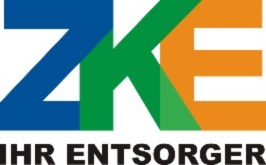 Blau-gruen-gelbes Logo mit den Buchstaben ZKE oben und IHR ENTSORGER unten schwarz