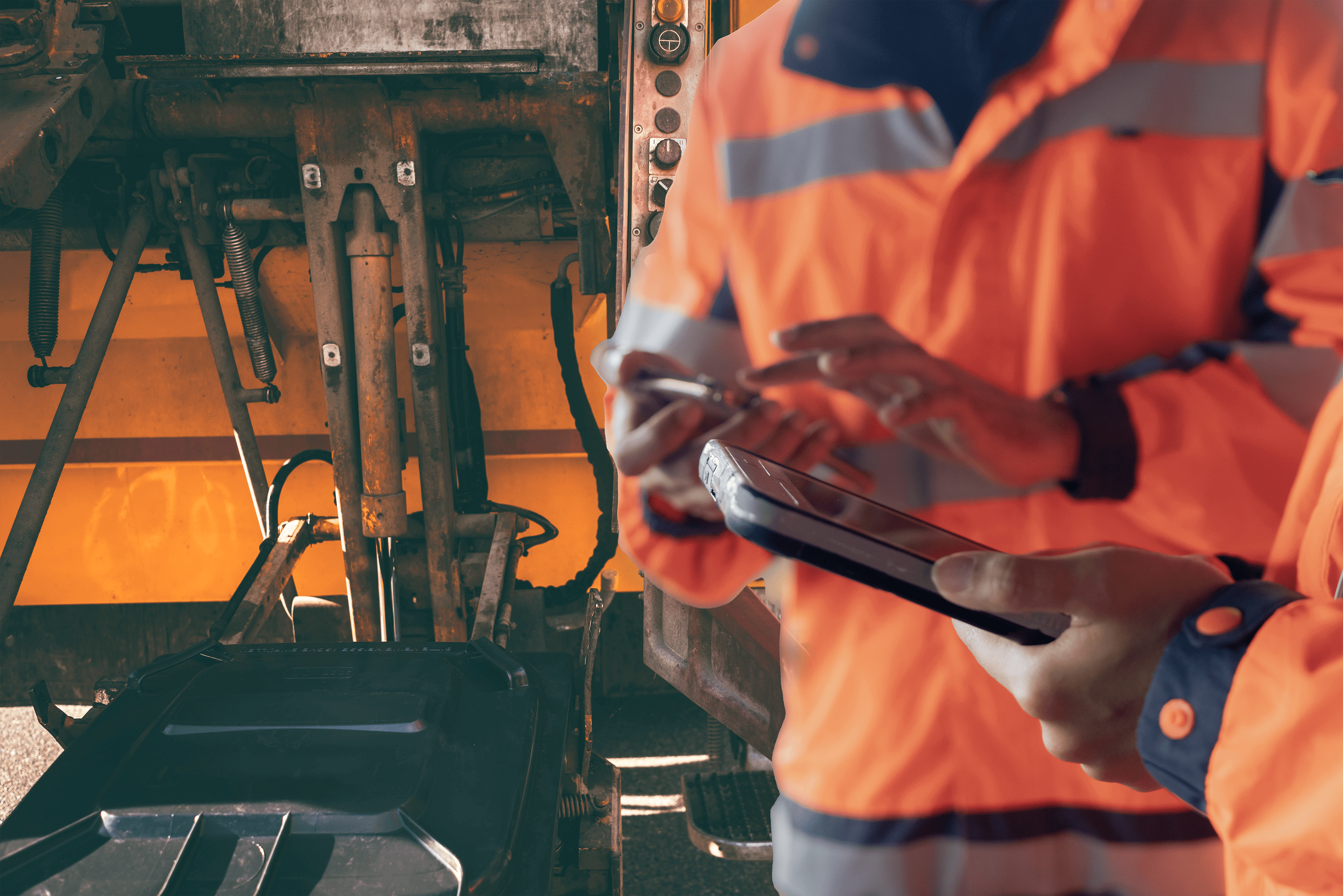 Zwei in orange gekleidete vor einem Entsorgungsfahrzeug stehende Personen halten ein Tablet und ein Handy im Vordergrund.