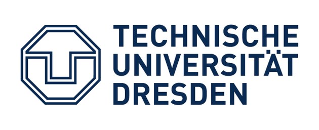 Blau-weißes Logo mit Schriftzug Technische Universität Dresden mit T und U im Oktagon