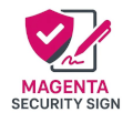 Dokument wird unterzeichnet, darauf Symbol für Sicherheit, darunter steht Magenta Security Sign