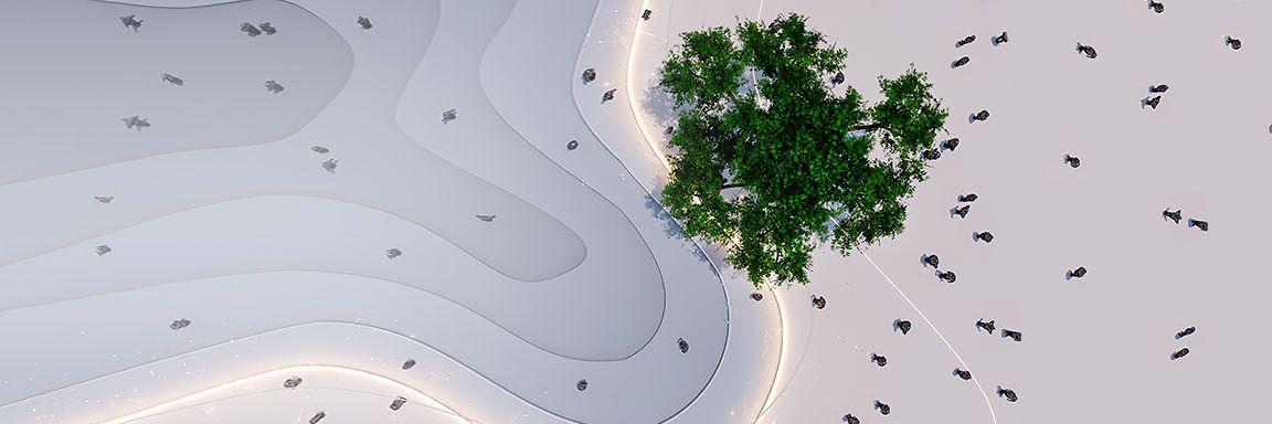 Ein Baum in der Mitte eines Stadtparks von oben als Symbol für die Digitalisierung im öffentlichen Dienst