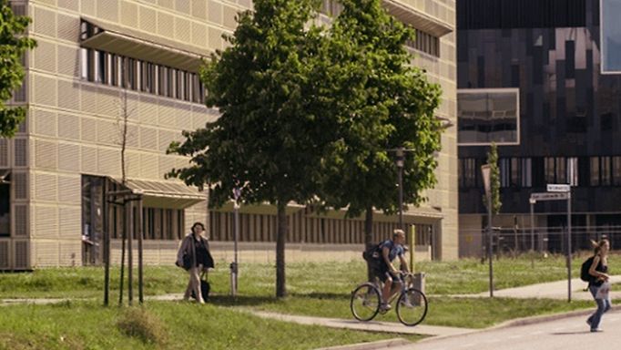 Eine Aufnahme von drei Personen auf einem Campusgelände