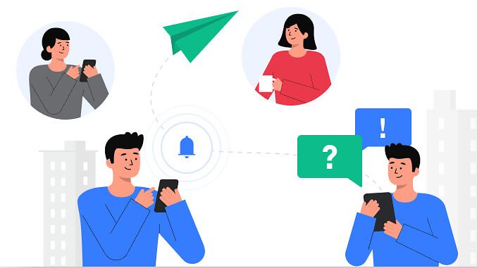 Urbanes Leben Beratung: Illustration vernetzter Personen mit mobilen Geräten – Symbole für digitale Kommunikation und Bürgerbeteiligung