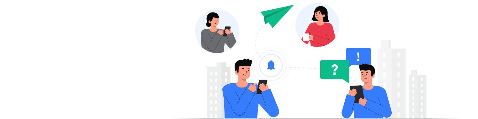Urbanes Leben Beratung: Illustration vernetzter Personen mit mobilen Geräten – Symbole für digitale Kommunikation und Bürgerbeteiligung