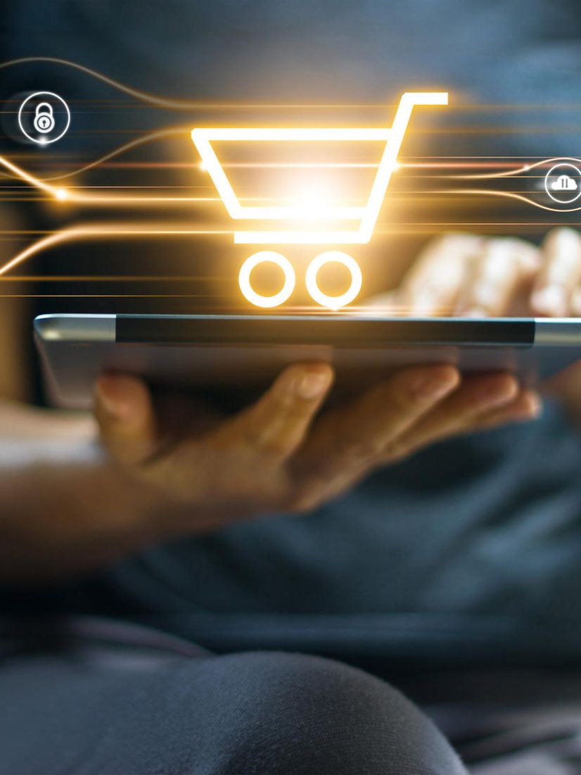 Person sitzt am Laptop und bestellt Hardware im Webshop