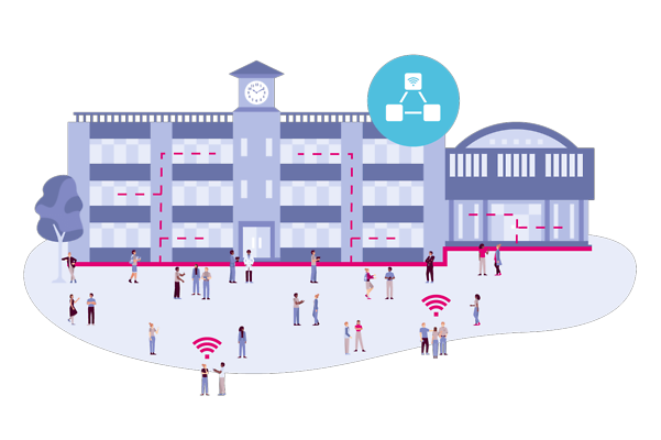 Illustration einer Schule mit Glasfaseranbindung und WLAN-Symbolen