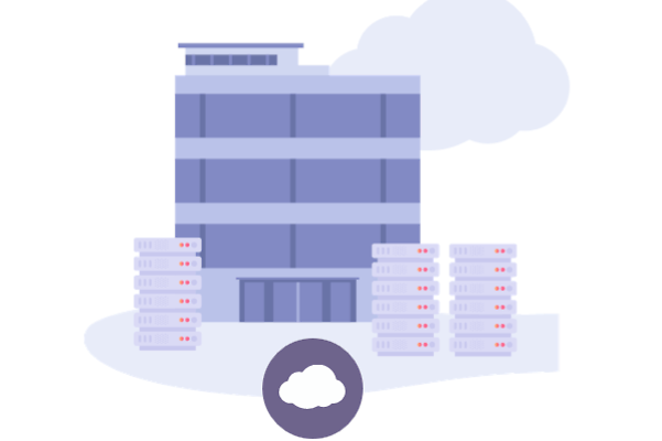 Gebäude mit Servern und Cloud-Symbol als Darstellung von digitalem Informationsaustausch und Zusammenarbeit