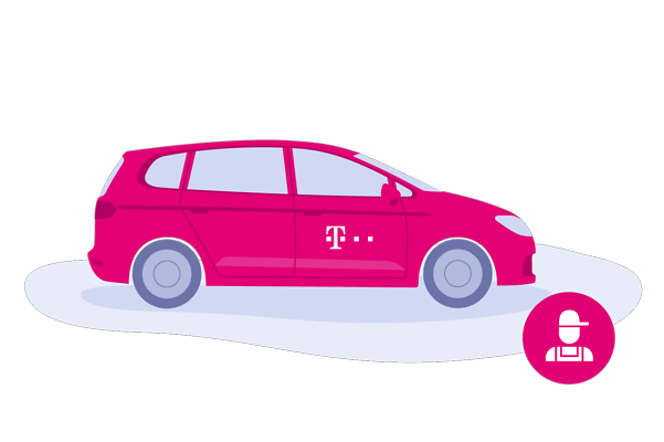 Illustration eines magentafarbenen Telekom‑Fahrzeugs mit Servicetechniker‑Symbol