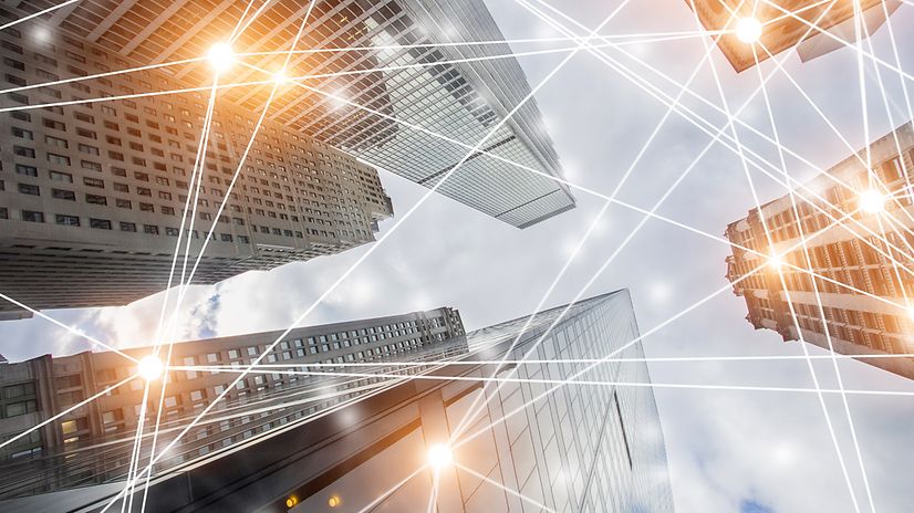 A view of buildings in a city connected via SAP® solutions.