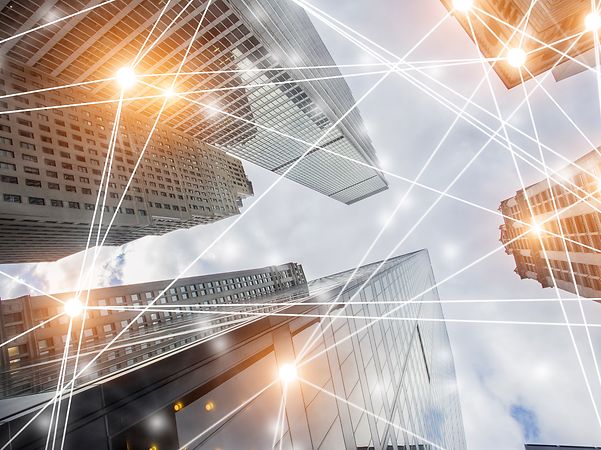 A view of buildings in a city connected via SAP® solutions.
