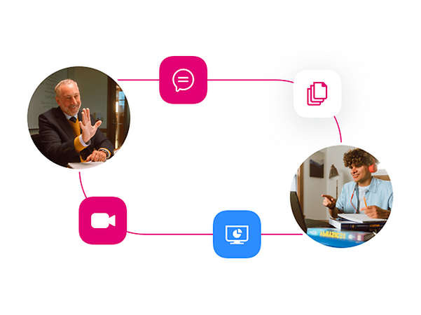Grafische Darstellung eines digitalen Kommunikationsprozesses mit Chat‑, Datei‑, Video‑ und Bildschirmfreigabe‑Symbolen