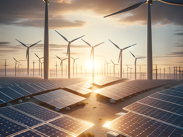 Solarpanels und Windräder in einer Energielandschaft.