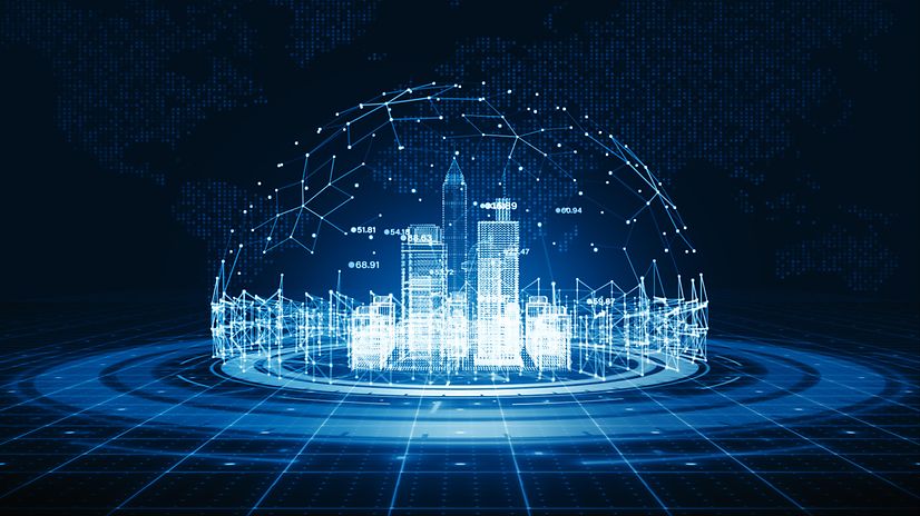 Digitale Stadt unter Schutzkuppel mit NIS2-Hinweis.