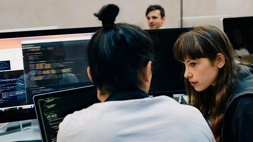 Zwei Personen arbeiten gemeinsam an Computerbildschirmen
