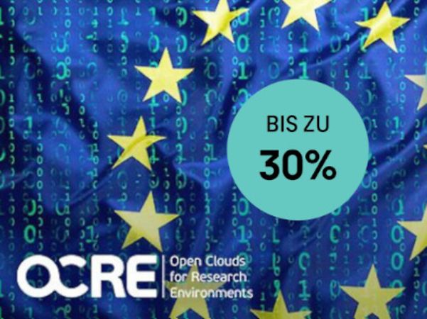 EU-Flagge mit Datenstrukturen und Hinweis auf bis zu 30 Prozent Förderung durch OCRE