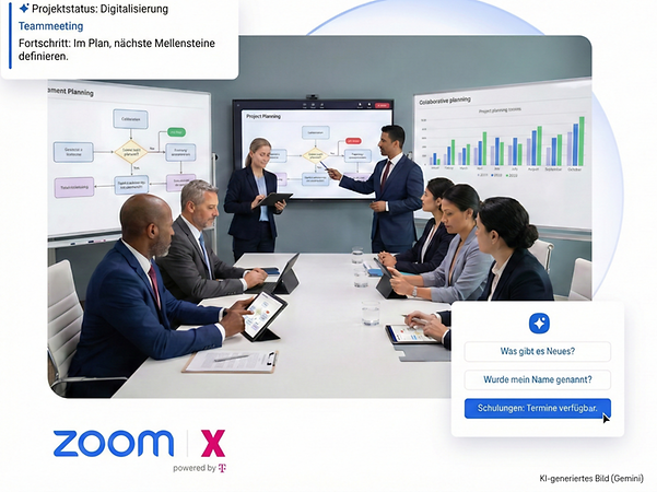 Mann nimmt per Zoom X an Videocall mit KI-Zusammenfassung teil.