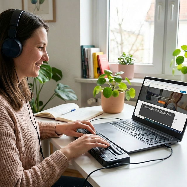 Person arbeitet am Laptop mit angeschlossenem Braille‑Eingabegerät.