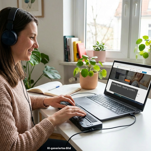 Person arbeitet am Laptop mit angeschlossenem Braille‑Eingabegerät.