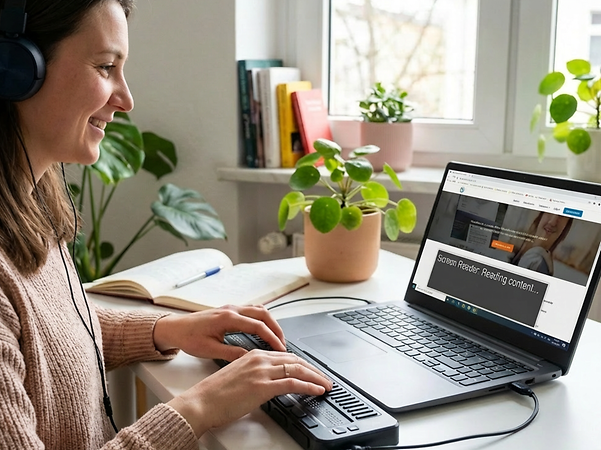 Person arbeitet an einem Laptop an einem Schreibtisch und nutzt eine angeschlossene Tastatur sowie ein Eingabegerät