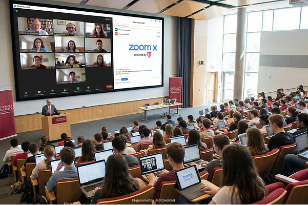 Large lecture theatre with a hybrid Zoom X lecture projected onto a screen