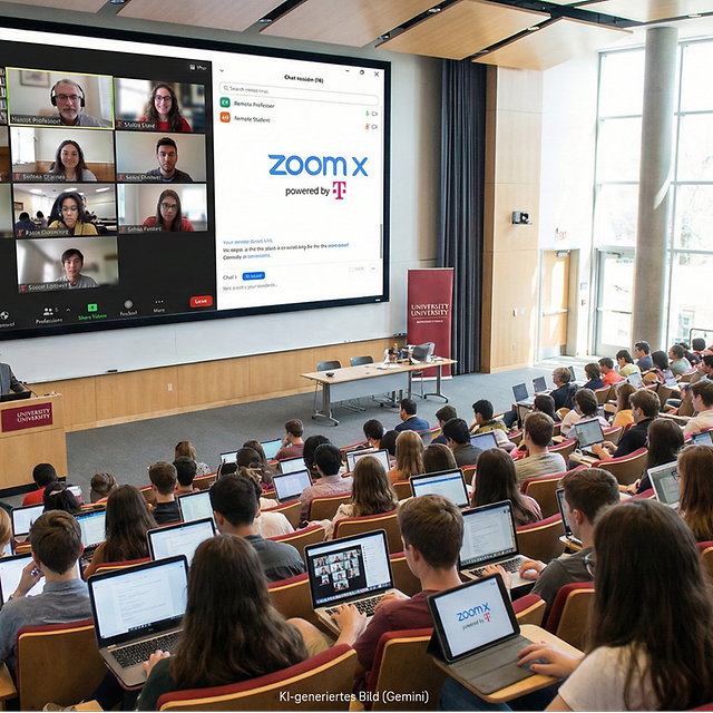 Large lecture theatre with a hybrid Zoom X lecture projected onto a screen