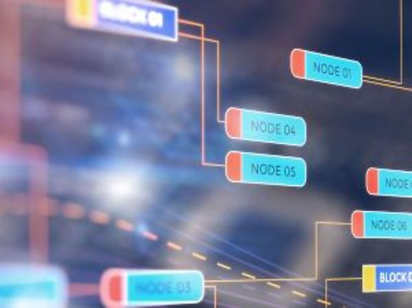 Abstrakte Darstellung eines digitalen Netzwerks mit verbundenen Knotenpunkten und Datenstrukturen.