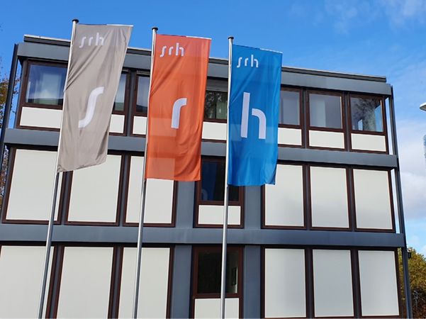 SRH Group buildings with colourful company flags against a blue sky.