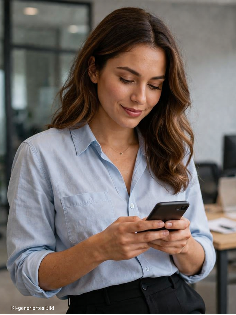 A woman is reading something on her mobile phone in the office