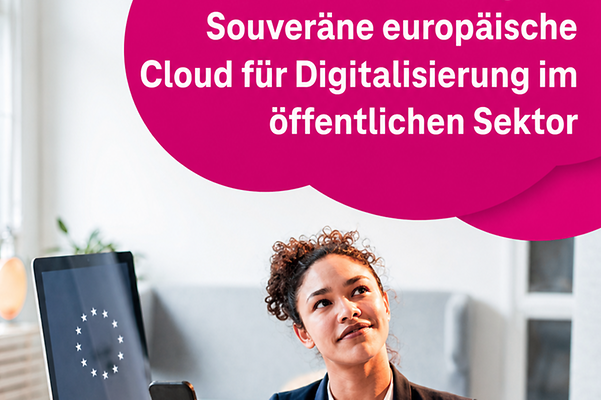 Laptop bearing the EU symbol and a reference to the European cloud for the public sector