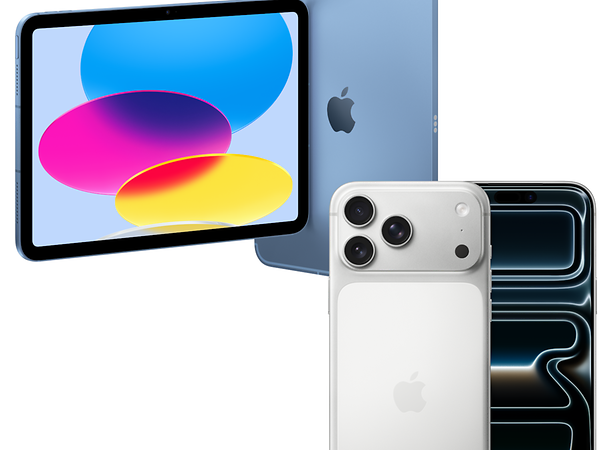 An Apple iPad with a stylus and two iPhones side by side