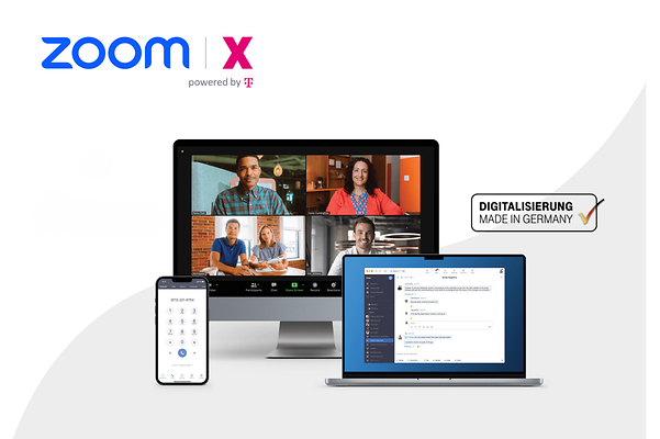 Zoom X powered by Telekom on various devices with a video conferencing view