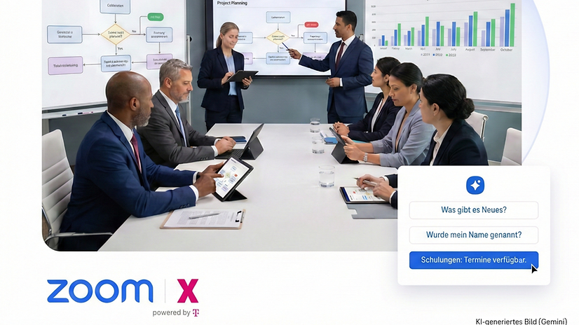 A man joins a video call via Zoom X, which includes an AI summary.