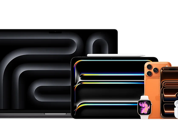 Several Apple devices, such as laptops, tablets and smartphones, shown side by side