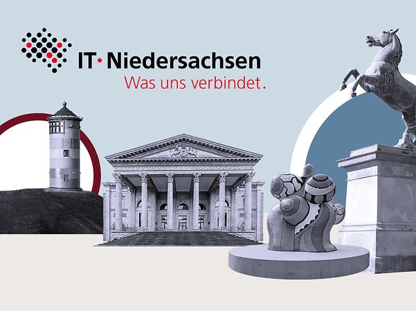 A collage featuring the IT.Niedersachsen logo, as well as landmarks and sculptures from Lower Saxony.