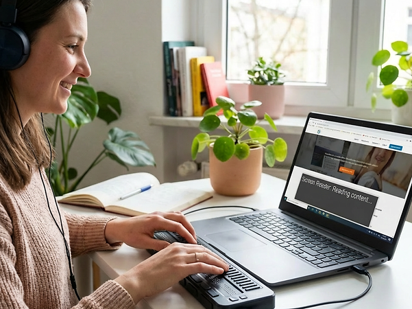 A person is working on a laptop at a desk, using a connected keyboard and a pointing device