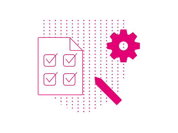 Icon graphic featuring a checklist and a cogwheel to illustrate IT security audits and assessments
