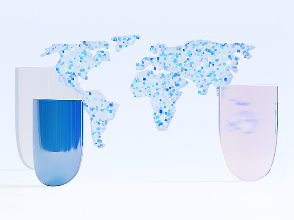 Abstract shields set against a world map, symbolising global IT security monitoring
