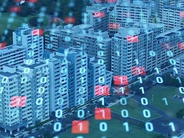 A cityscape featuring digital binary codes as a symbol of interconnected buildings and smart city technologies.