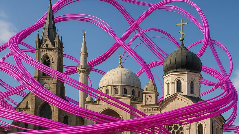 A church and a mosque, surrounded by magenta-coloured fibre-optic cables.