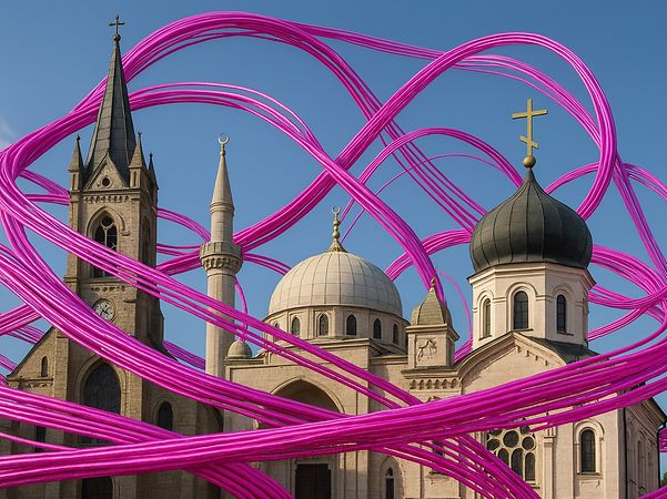 A church and a mosque, surrounded by magenta-coloured fibre-optic cables.