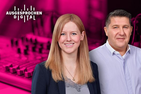 Two people against a magenta background, discussing Business GPT