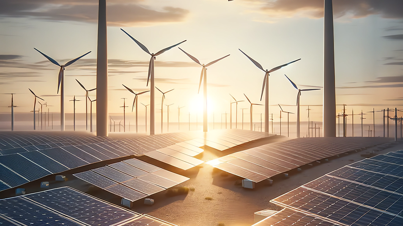 Solar panels and wind turbines in an energy landscape.