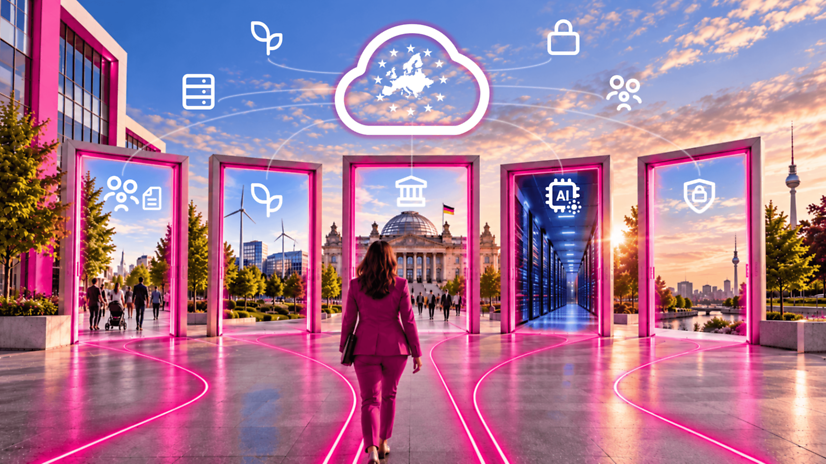 T Cloud mit EU-Sternen als Cloud-Symbol über leuchtenden Portalen zu digitalen Services.