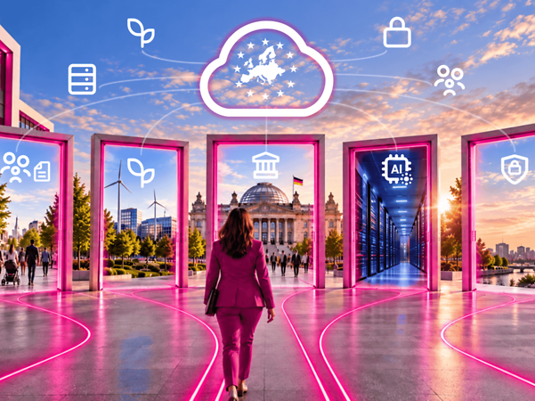 T Cloud mit EU-Sternen als Cloud-Symbol über leuchtenden Portalen zu digitalen Services.